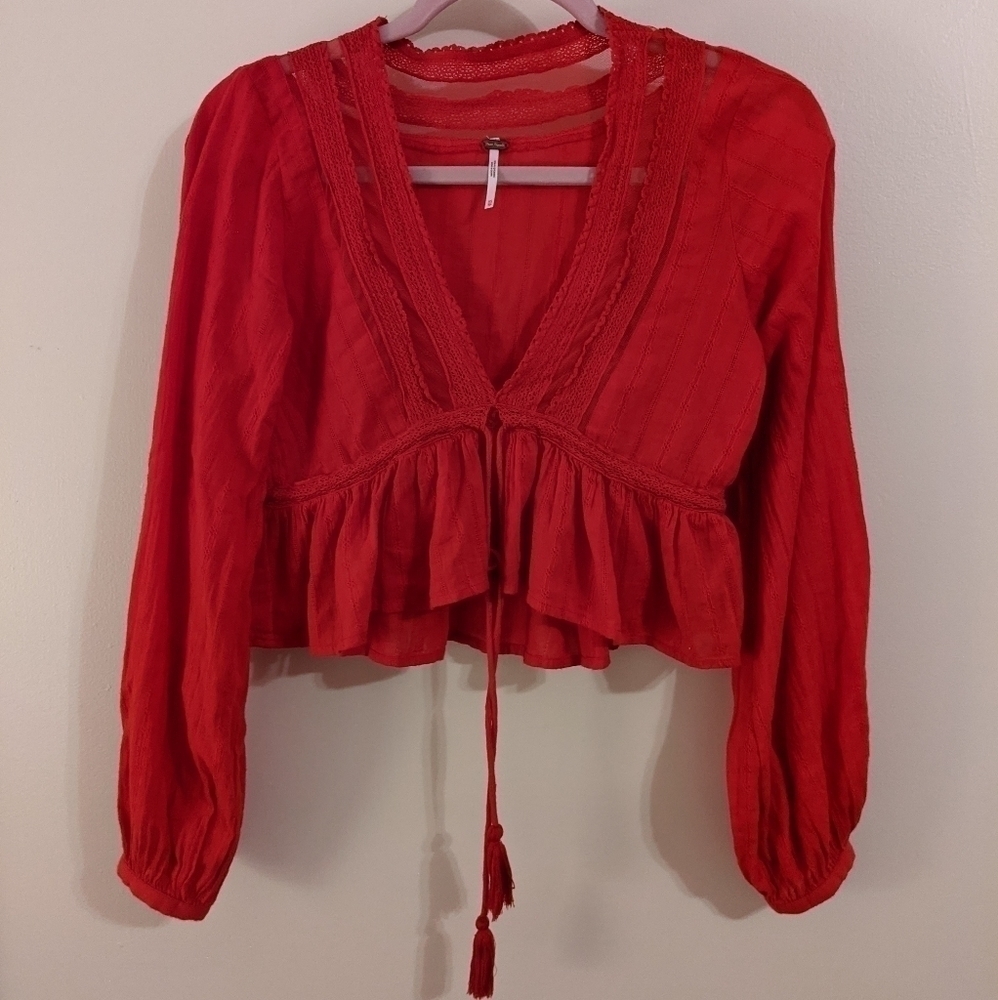 𝅺free PEOPLE oberoi red deep v neck boho blouse - Picture 5 of 11